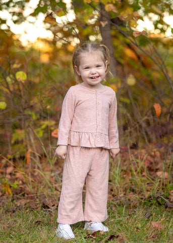 Margret Long Sleeve Solid Peplum Ruffle Hem Top and Pant Set