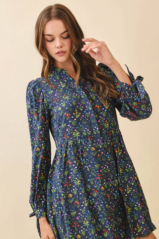 Floral Print Ruffled Mock Neck Dress