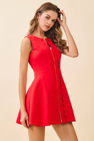 Scalloped Trim Front Zip Closure Dress