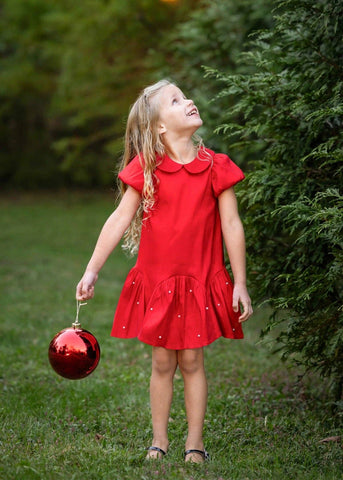 Crimson Glow Short Sleeve Peter Pan Collar Pearl Embellished Dropwaist Dress