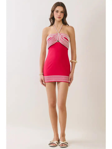Contrast Striped Trim Halter Dress
