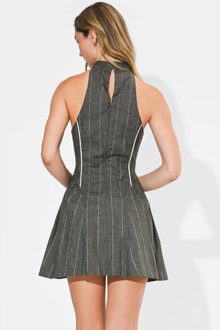 AR | Racie Contrast Pipped Stripe Halter Mini Dress in Charcoal/White