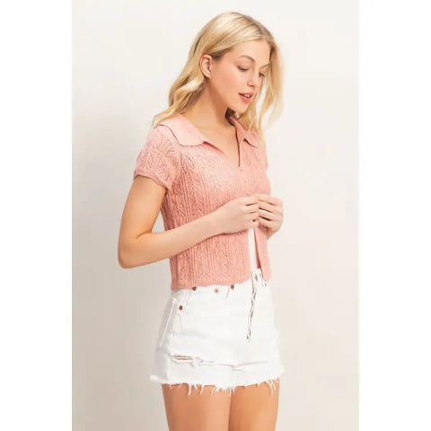Pointelle Knit Collared Cardigan