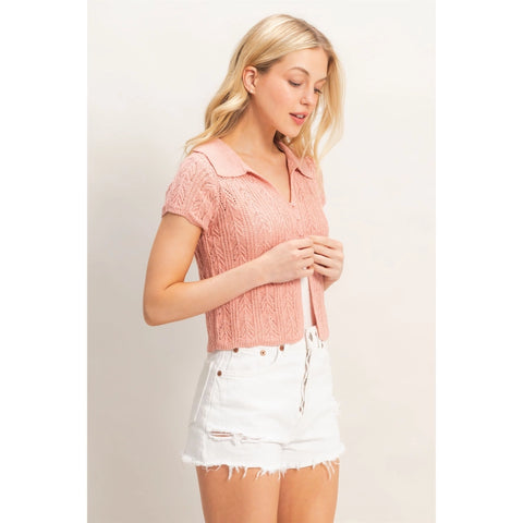 Pointelle Knit Collared Cardigan