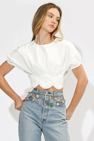 AR | Freya Crochet Detail Short Sleeve Crop Top in White