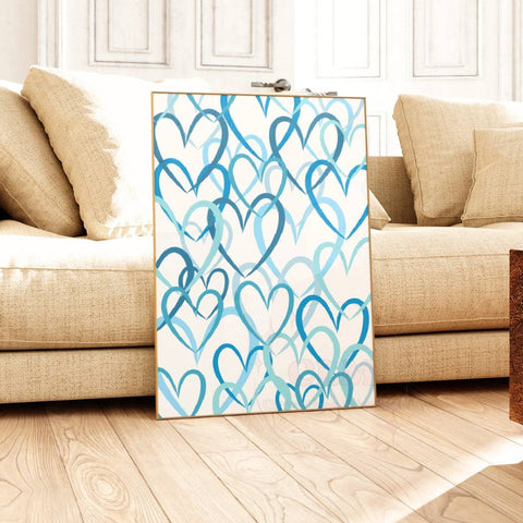 Blue Brushed Hearts Wall Art Prints