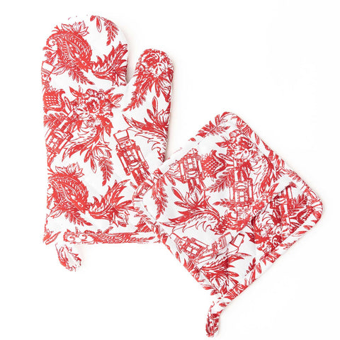 Nutcracker Toile Oven Mitt & Potholder Set