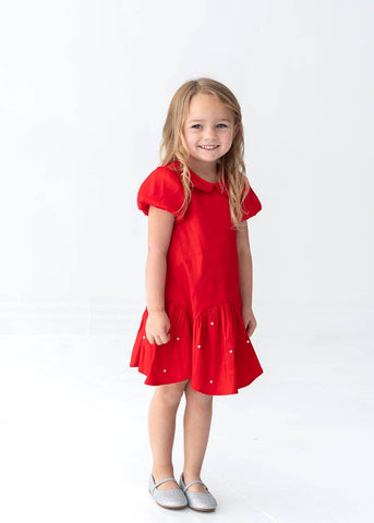 Crimson Glow Short Sleeve Peter Pan Collar Pearl Embellished Dropwaist Dress
