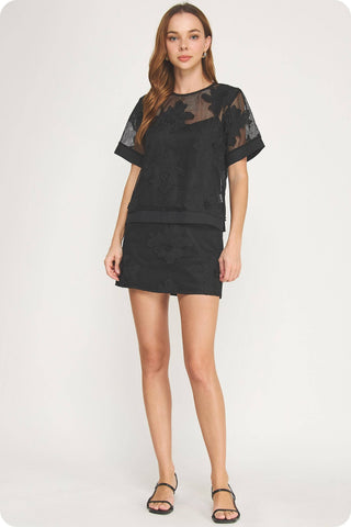 Embroidery Floral Mesh Top Skirt Set