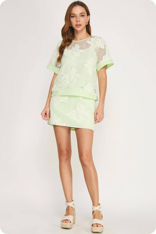 Embroidery Floral Mesh Top Skirt Set
