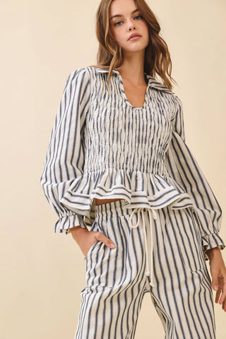 Vertical Striped Smocked Peplum Hem Top