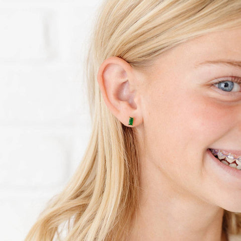 Emerald Baguette Stud Earrings - Hypoallergenic, Flat Back