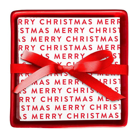 Ceramic Napkin Tray + Napkins - Merry Christmas Red Bow