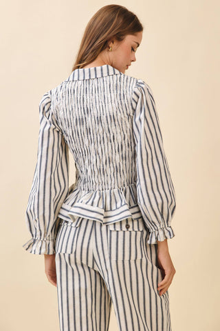 Vertical Striped Smocked Peplum Hem Top