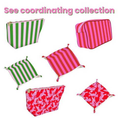 Cute pouch + cosmetic bag | leather pink & red stripe