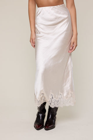 Satin Elastic Waist Lace Midi Skirt