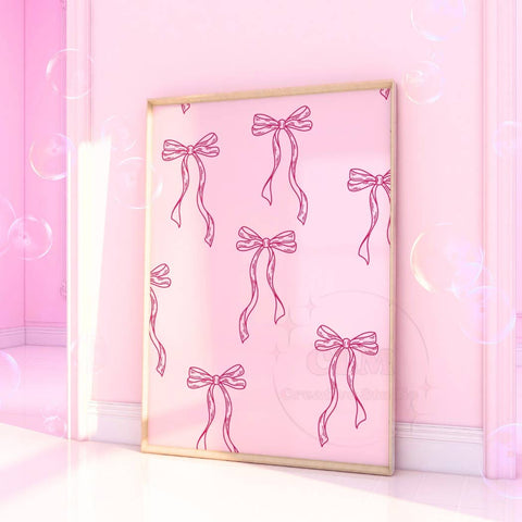 Coquette Pink Bow Minimalist Line Wall Art Prints