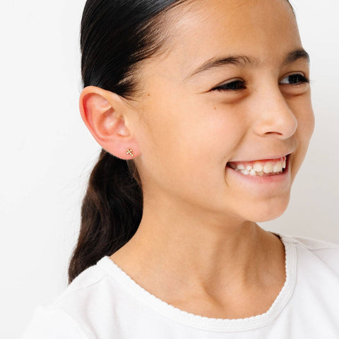 Diamond Cross Stud Earring - Hypoallergenic, Flat Back, Girl