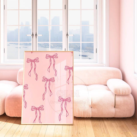 Coquette Pink Bow Minimalist Line Wall Art Prints