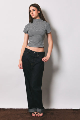 Mock Neck Stripe Short Sleeve Top in Black/White