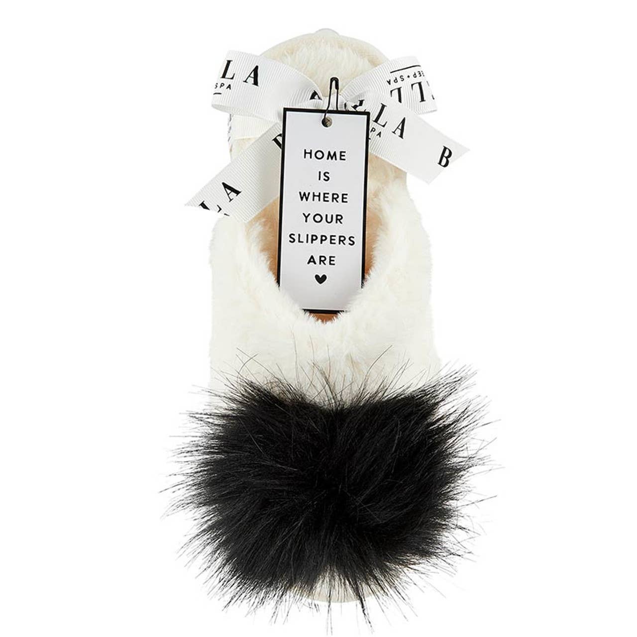 Bella | Plush Slippers - Ivory with Black Pom Pom