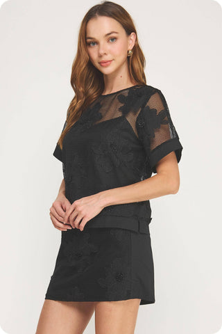 Embroidery Floral Mesh Top Skirt Set
