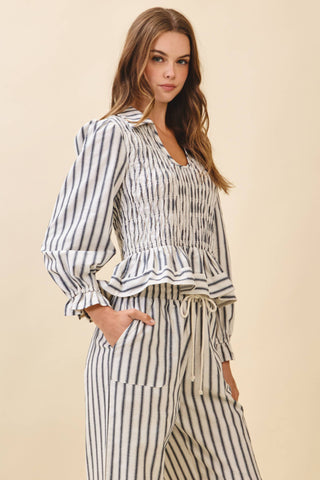 Vertical Striped Smocked Peplum Hem Top