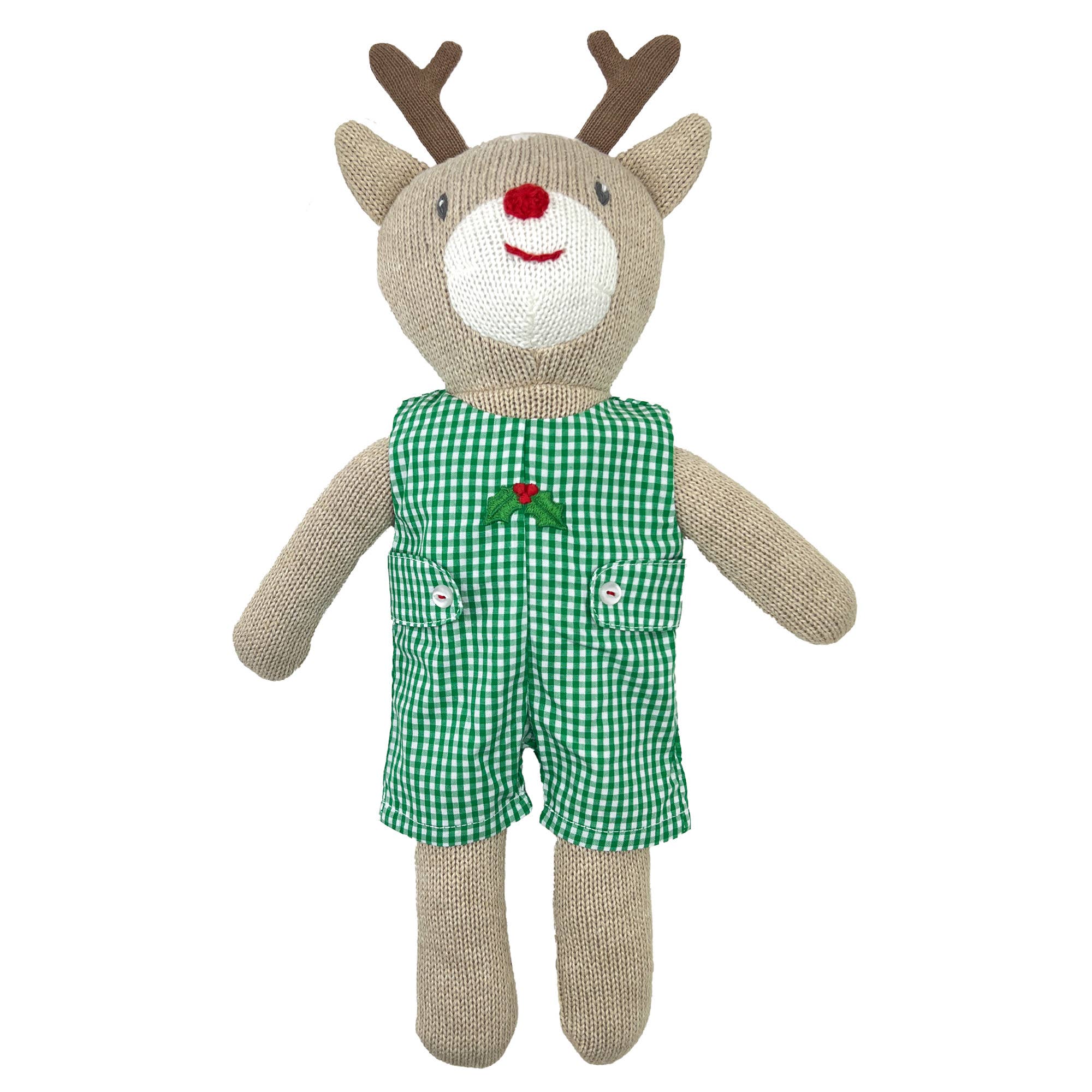 Knit Reindeer Doll with Green Check Romper