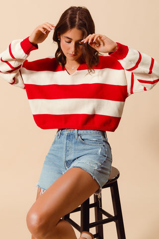 Stripe Knitted V- Neck Loose Fit