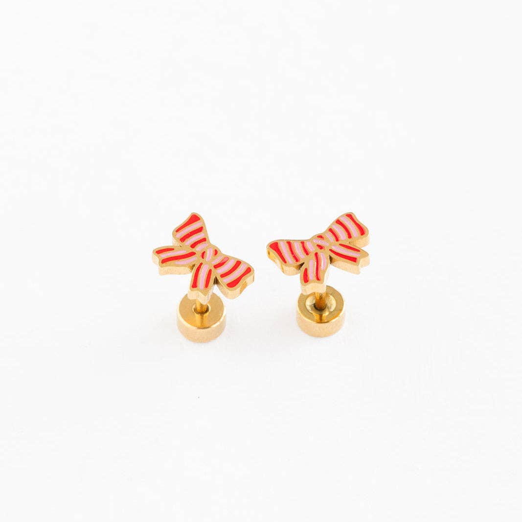 Striped Bow Stud Earrings - Hypoallergenic, Flat Back, Girl