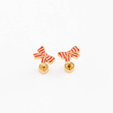 Striped Bow Stud Earrings - Hypoallergenic, Flat Back, Girl