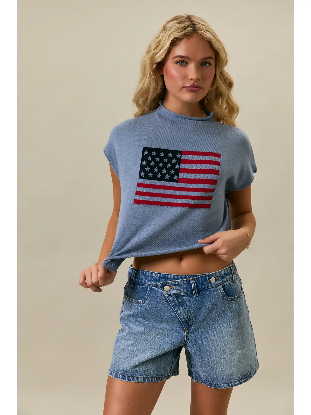 Drop Shoulder USA Flag Sweater in Light Blue