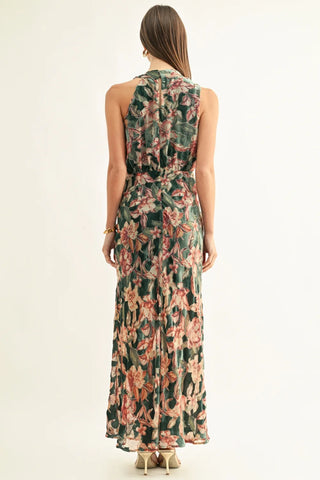 AR | Veda Burnout Velvet Draped Maxi Dress in Teal Multi