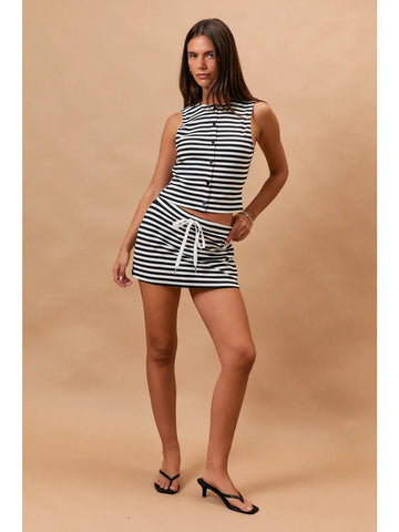 Sleeveless High Neck Stripe Knit Top in Black/White Stripe