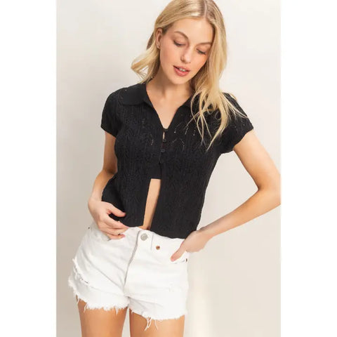 Pointelle Knit Collared Cardigan