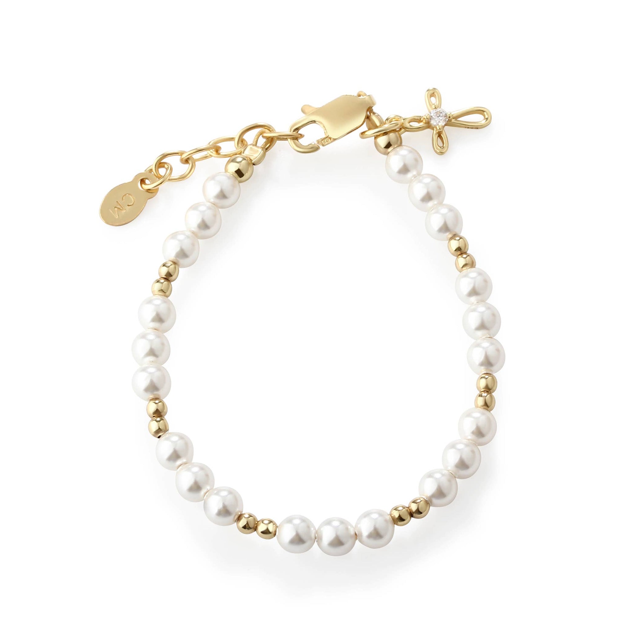 CM |14K Gold-Plated Baby Pearl/Cross Bracelet
