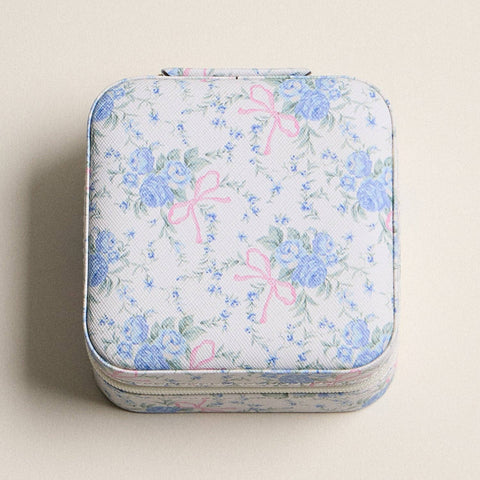 Blue Floral with Pink Bow Jewelry Box - Travel Size