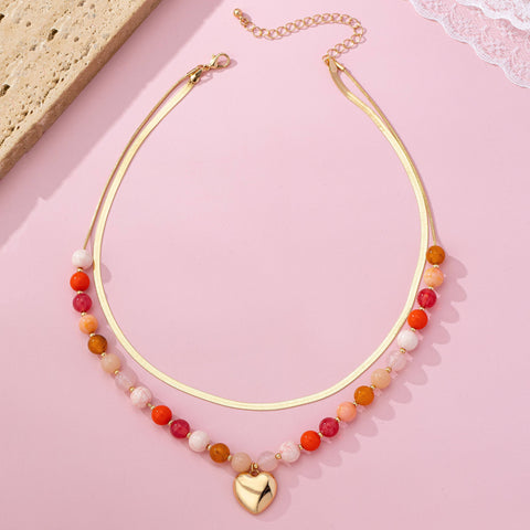 Multi Layered Beaded Heart Charm Necklace