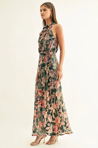 AR | Veda Burnout Velvet Draped Maxi Dress in Teal Multi