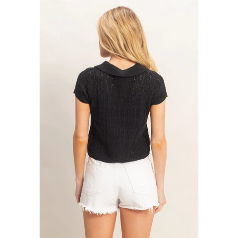 Pointelle Knit Collared Cardigan