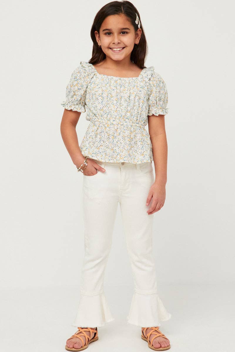 Hayden | Girls Embroidered Eyelet Ruffled Floral Peplum Top