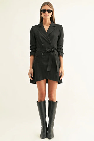 AR | Lyanna Pleated 3/4 Sleeves Chambray Blazer Dress in Charcoal