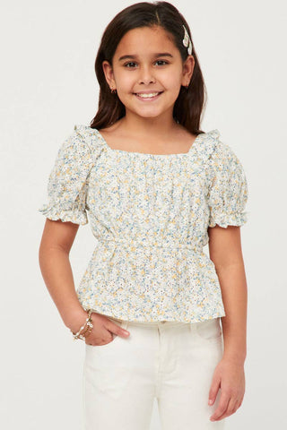 Hayden | Girls Embroidered Eyelet Ruffled Floral Peplum Top