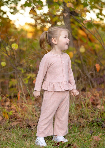 Margret Long Sleeve Solid Peplum Ruffle Hem Top and Pant Set