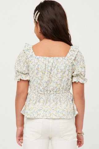 Hayden | Girls Embroidered Eyelet Ruffled Floral Peplum Top