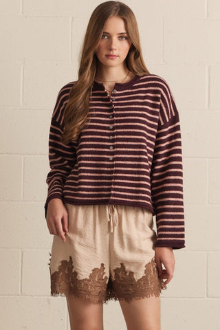 Entro | Striped Long Sleeve Button Up Cardigan