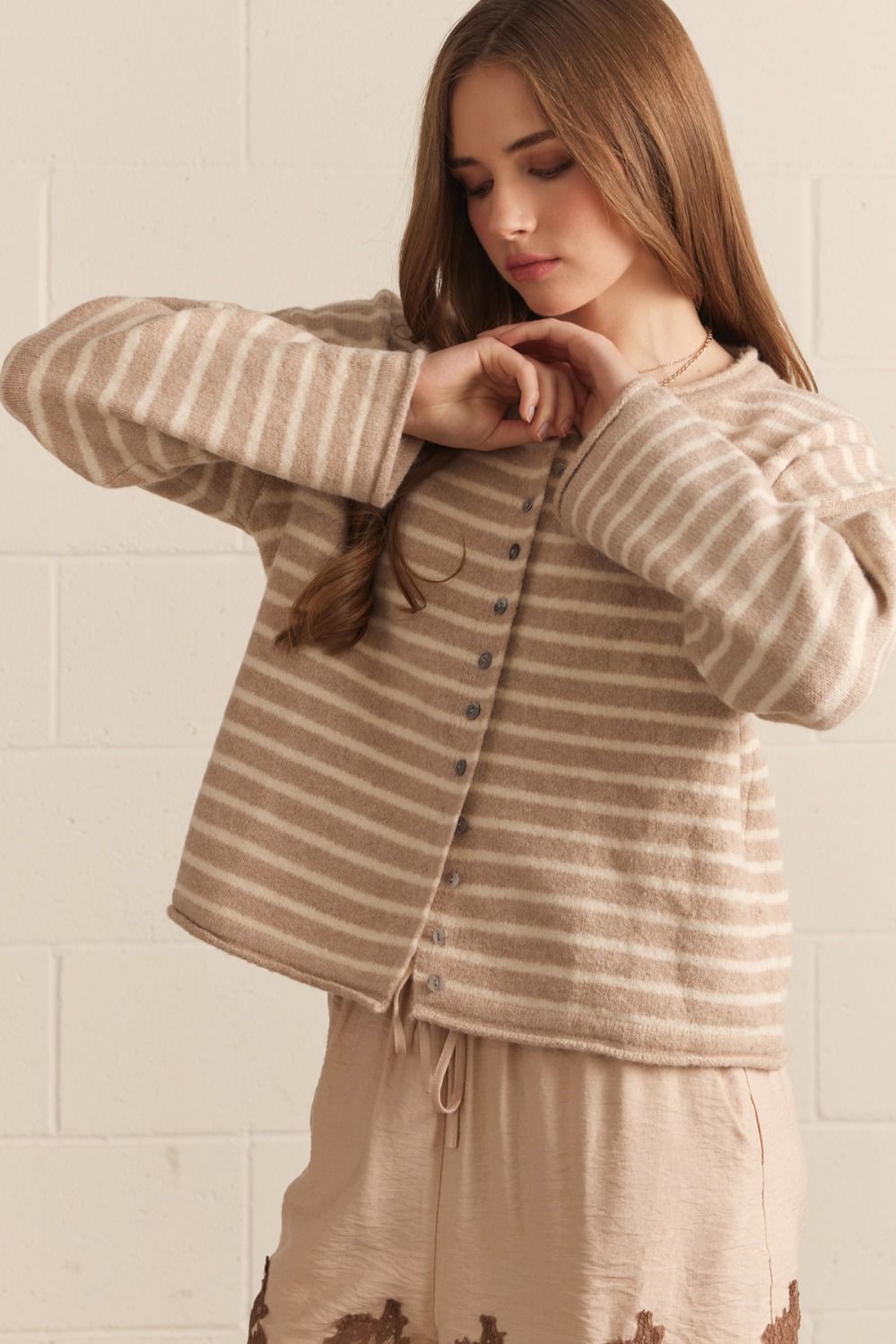 Entro | Striped Long Sleeve Button Up Cardigan