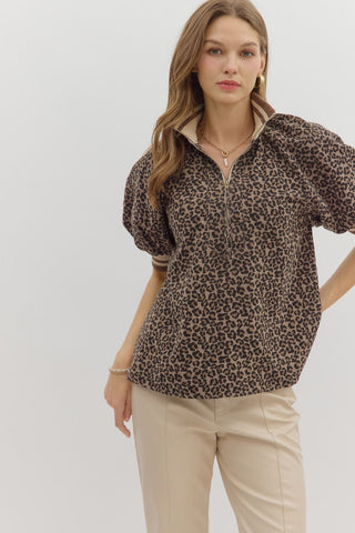 Banded Puff Sleeve Half Zip Top