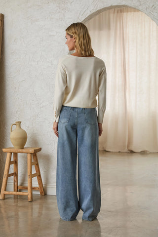 Washed Denim Pants with Brown Stripe