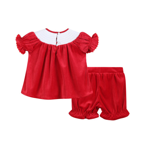 Red Velour Christmas Smocked Dress and Bloomers Set
